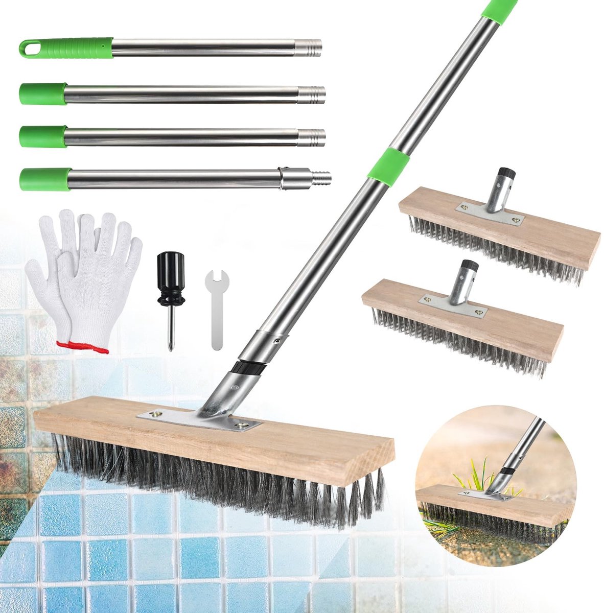 Dailygoods- Draadbezem 30 cm - Onkruidborstel - Roestvrij Staal - Telescopische Steel 1,6 m - Mosverwijdering - Efficiënt voor Buitenruimtes