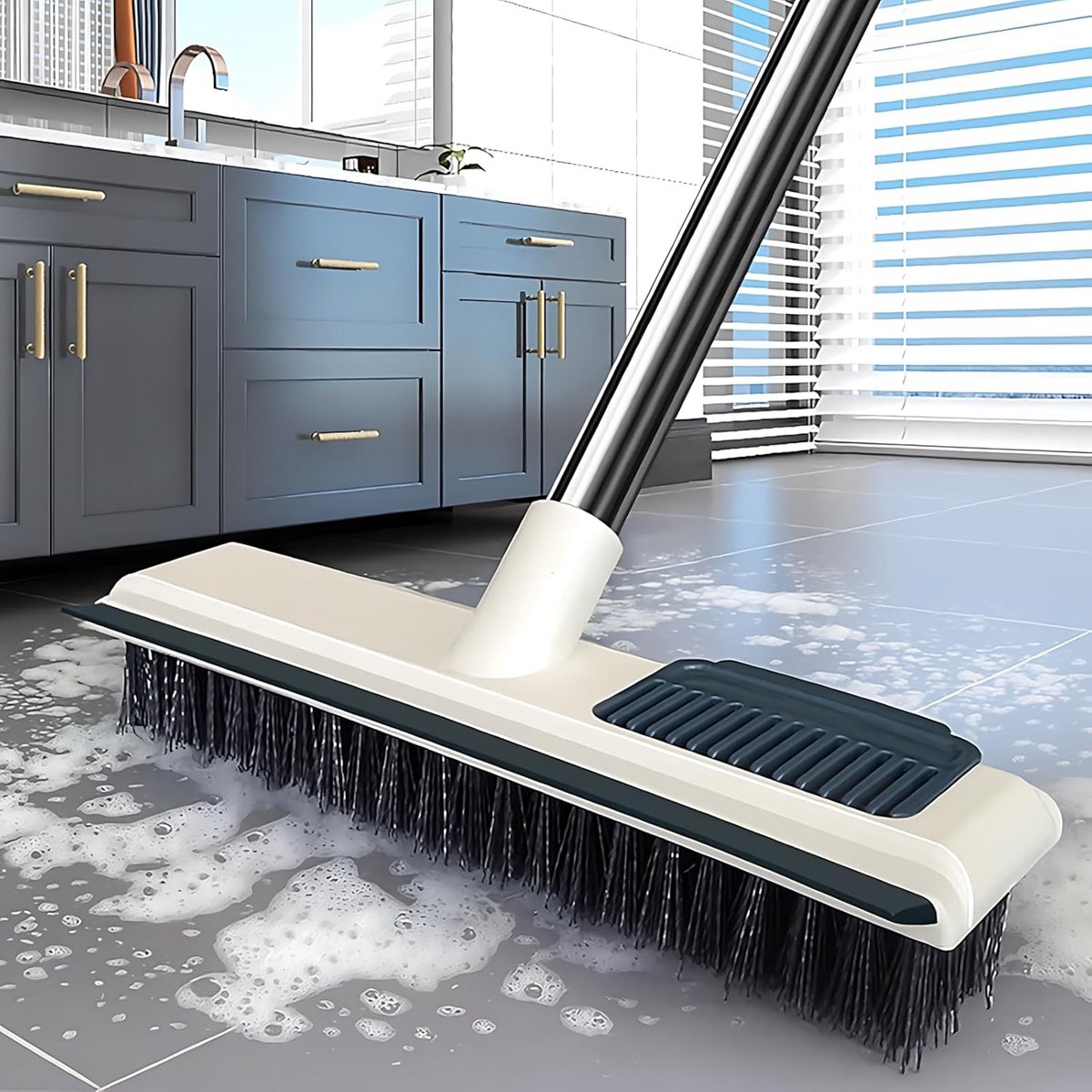 Vloerschrobborstel Lange Steel - Schrobber Wisser - Grondig Schoonmaken - Verstelbare Paal 2-in-1 - 113 cm - Grijs