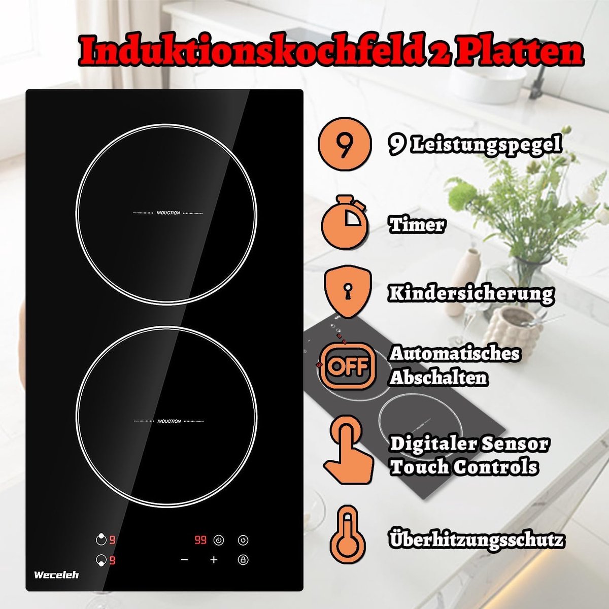 Inductiekookplaat 2 Platen - Inbouw Kookveld - Snel Koken - Roestvrijstalen Kader - 28 cm Breed - Zwart