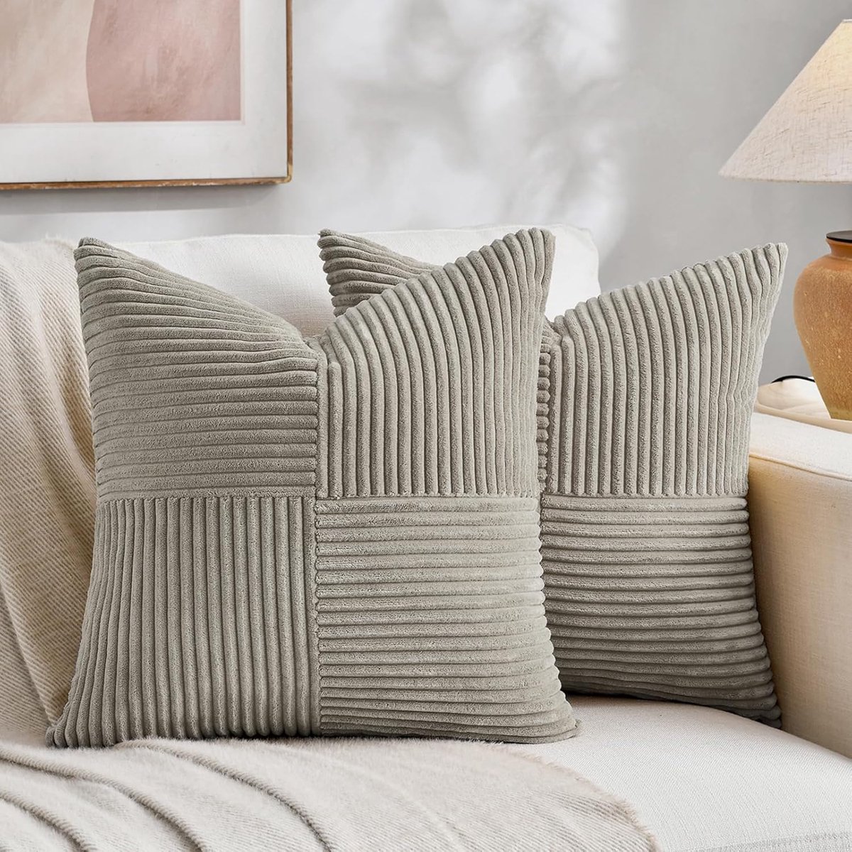 Decoratieve Kussenslopen - Kussenhoezen Set - Bank Decoratie - Corduroy Stof - 70x70 cm - Neutraal Grijs