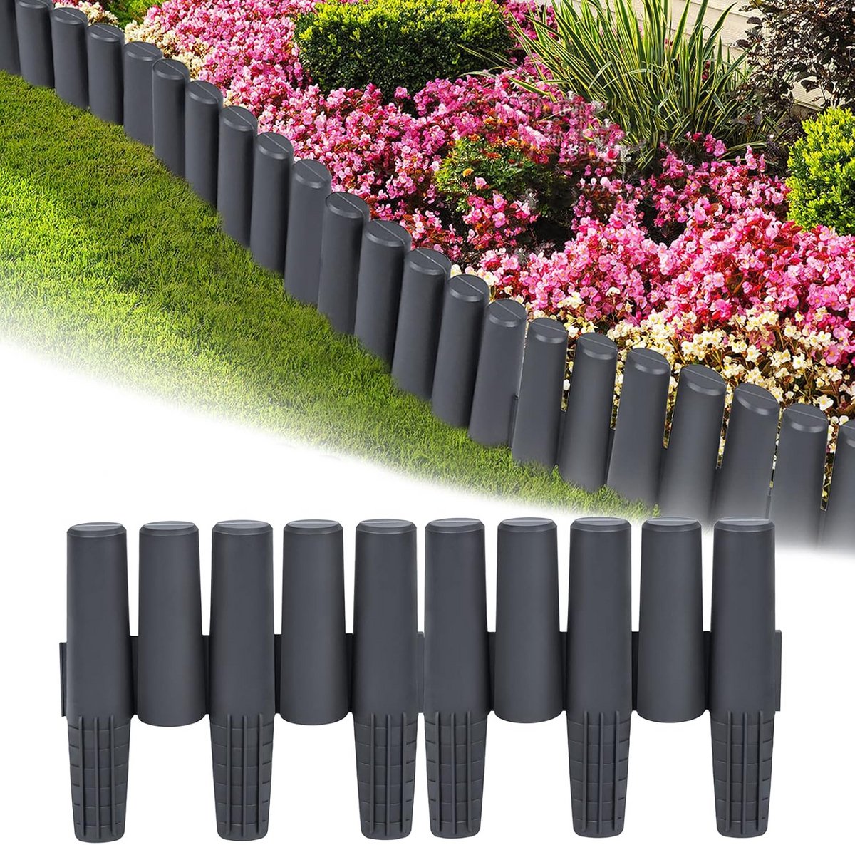 Kunststof Gazonrand - Flexibele Tuinomranding - Tuin Decoratie - Eenvoudige Montage - 10 Stuks - Antraciet