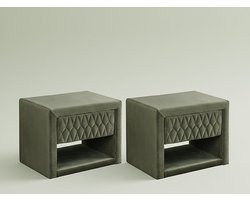 Vente-unique Set van 2 nachtkastjes - 1 lade en 1 nis - Fluwelen stof - Olijfgroen - DANIELE