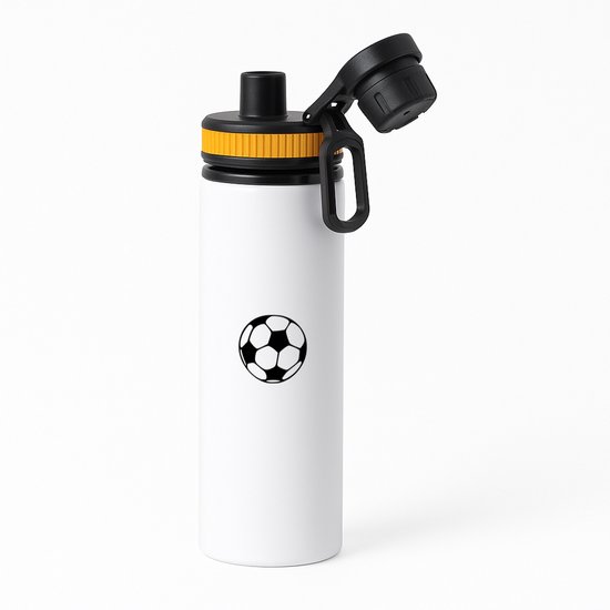 Bouteille d'eau blanche avec bouchon noir et accents orange, décorée d'une image de ballon de football.