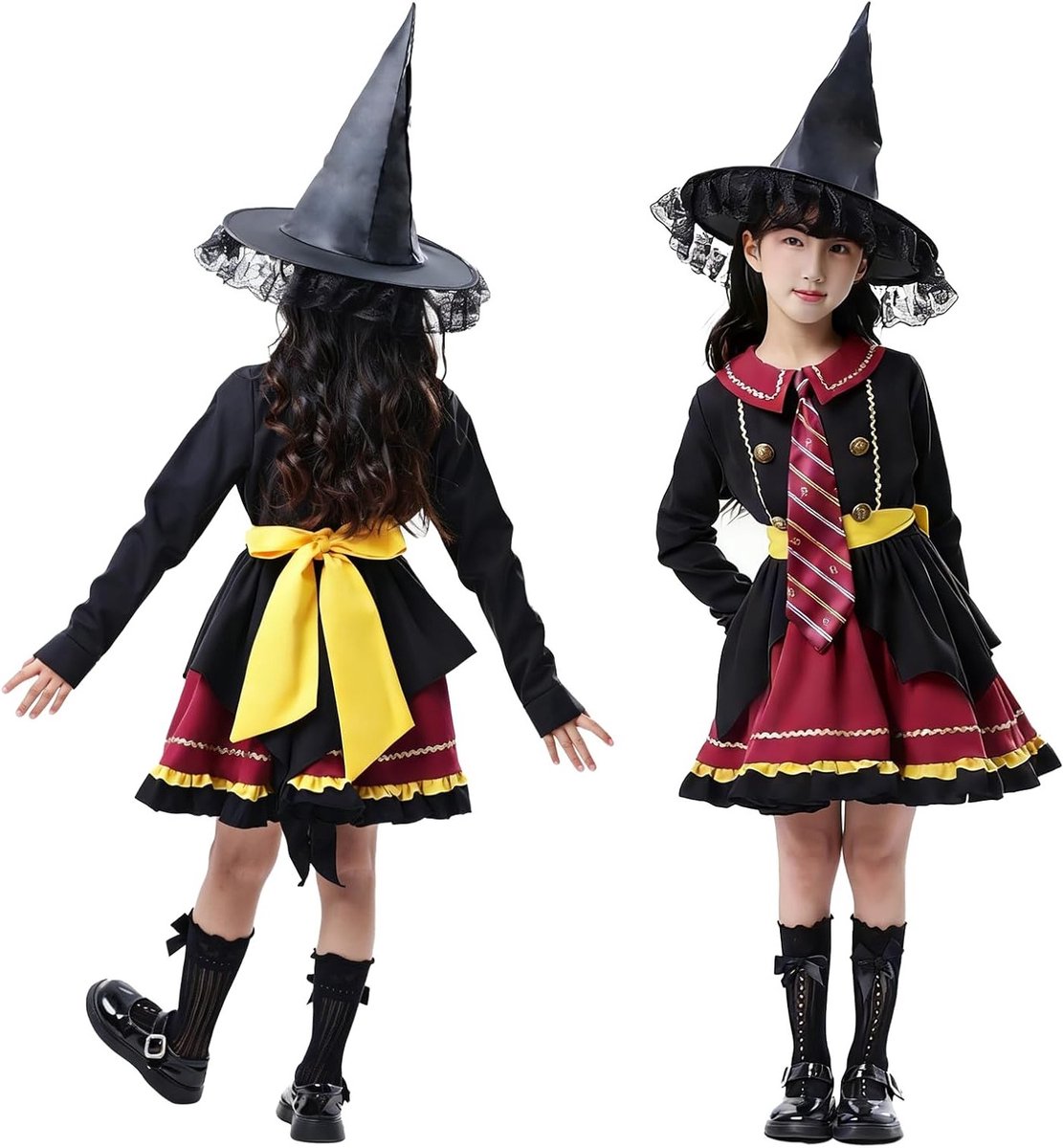 Magische Kostuumset voor Meisjes en Vrouwen, Inclusief Lolita Jurk, Heksenhoed, Stropdas en Riem, Perfect voor Halloween, Carnaval en Cosplay
