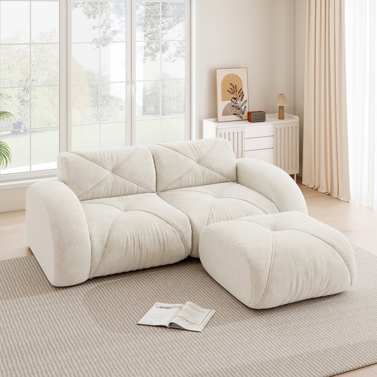 MIVRAY Modulaire 2-Zits Bank Met Hocker - Zachte Chenille Bekleding En 32D Schuim - Voor W