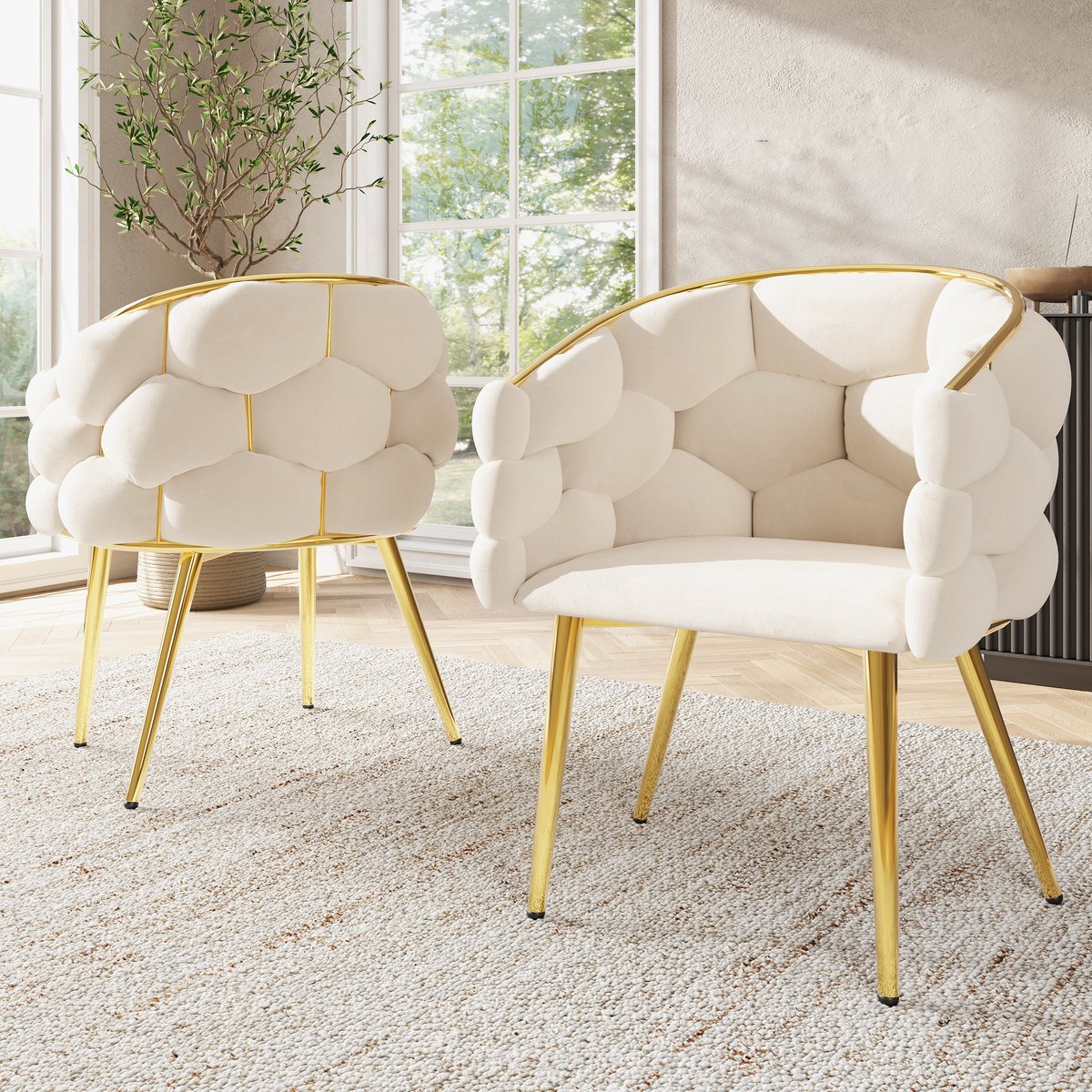 MODENUIT Eetkamerstoel 44 x 41 x 74 cm - Set van 2 met Ergonomische Rug - Eetkamer en Kaptafel - Fluweel - Beige
