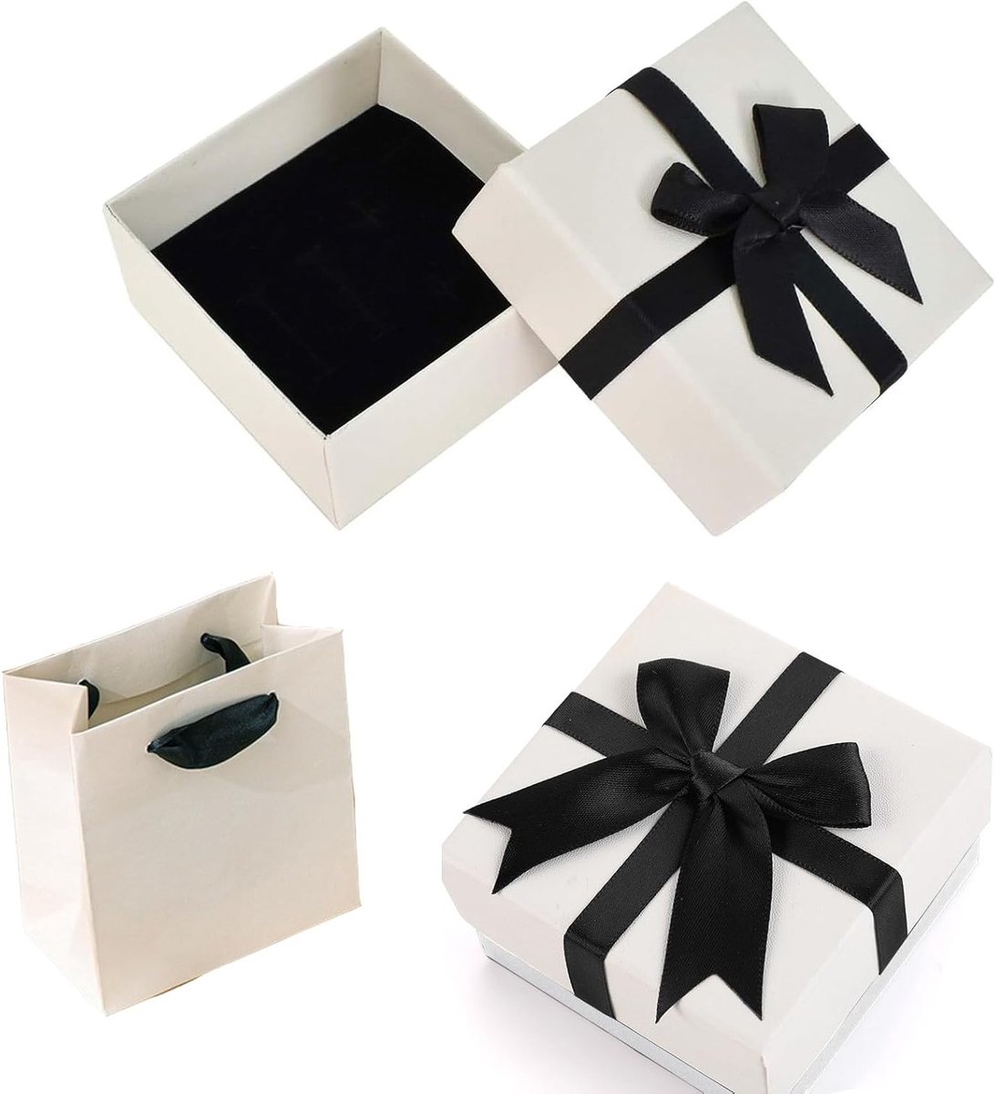 Sieraden cadeauverpakking set met deksel en strik voor kettingen, ringen en oorbellen (wit)