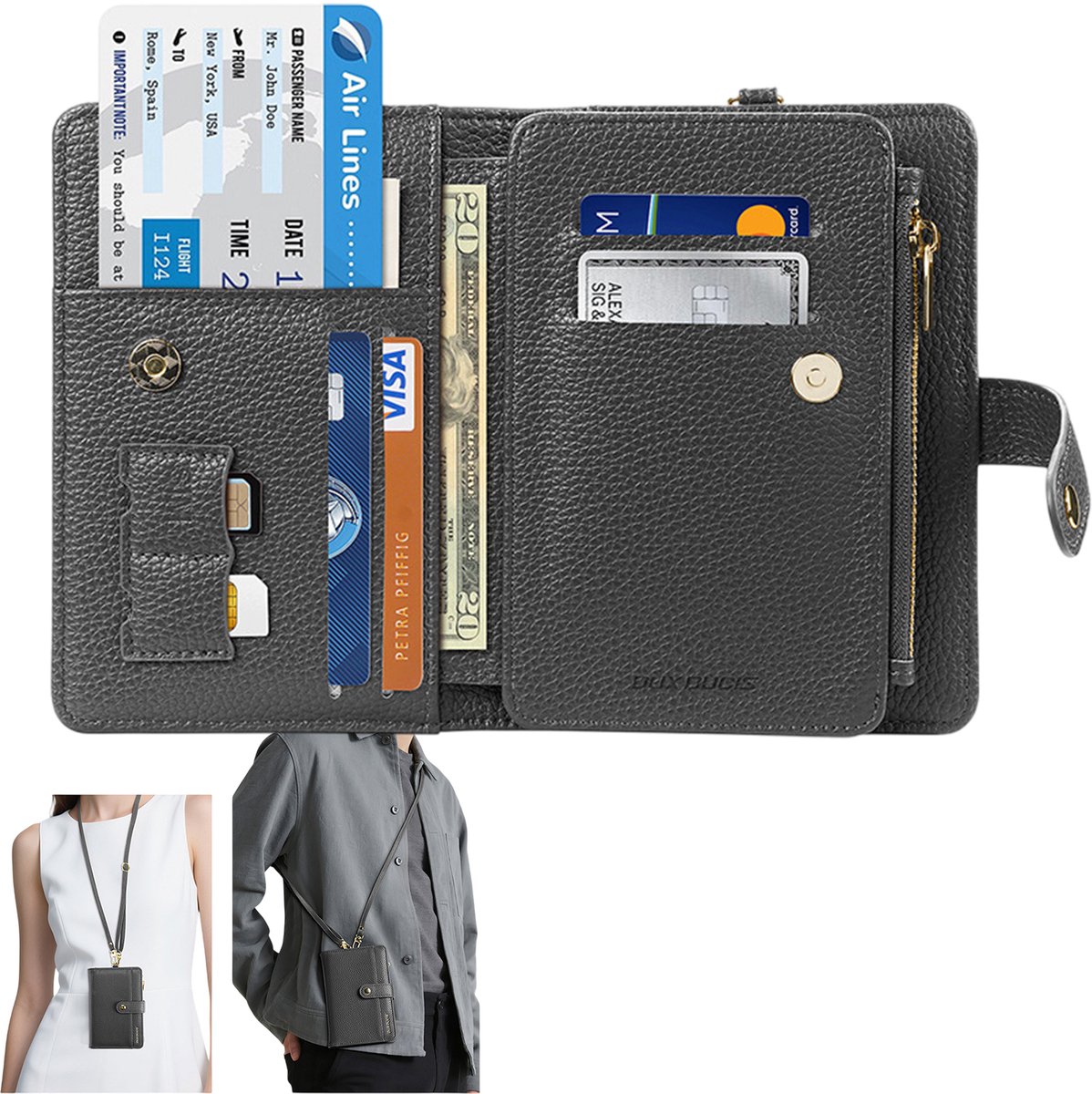 Topmelon Travel Wallet geschikt voor Airtag - luxe Paspoort hoesje - Leren Paspoorthouder met RFID blokkering - Nektasje Zwart