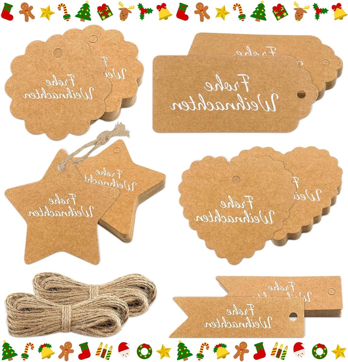 Kerstcadeau Labels, Set van 100 Kraft Papieren Tags met 20 Meter Jute Touw, Perfect voor Cadeauverpakking en Feestdecoratie