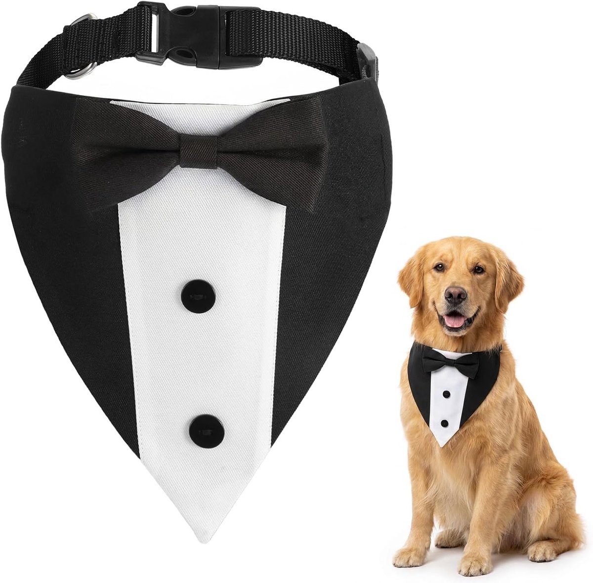 Elegante Honden Tuxedo Kraag met Strik, Verstelbare Bruiloft Bandana Kraag Kostuum voor Middelgrote en Grote Honden (Zwart)