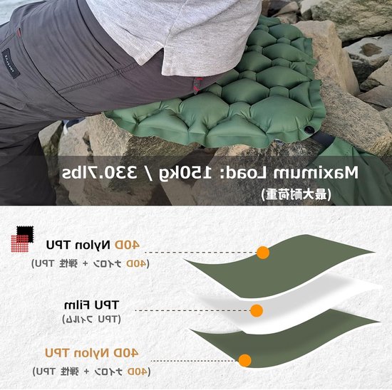 Ultralicht Opblaasbaar Zitkussen - Opblaasbare Zitkussen - Vouwbaar - Met Opbergtas - Buiten - Vouwbaar - Vloerkussen - Kamperen - Voor Camping Hiken Vliegtuig - Groen — afbeelding 2