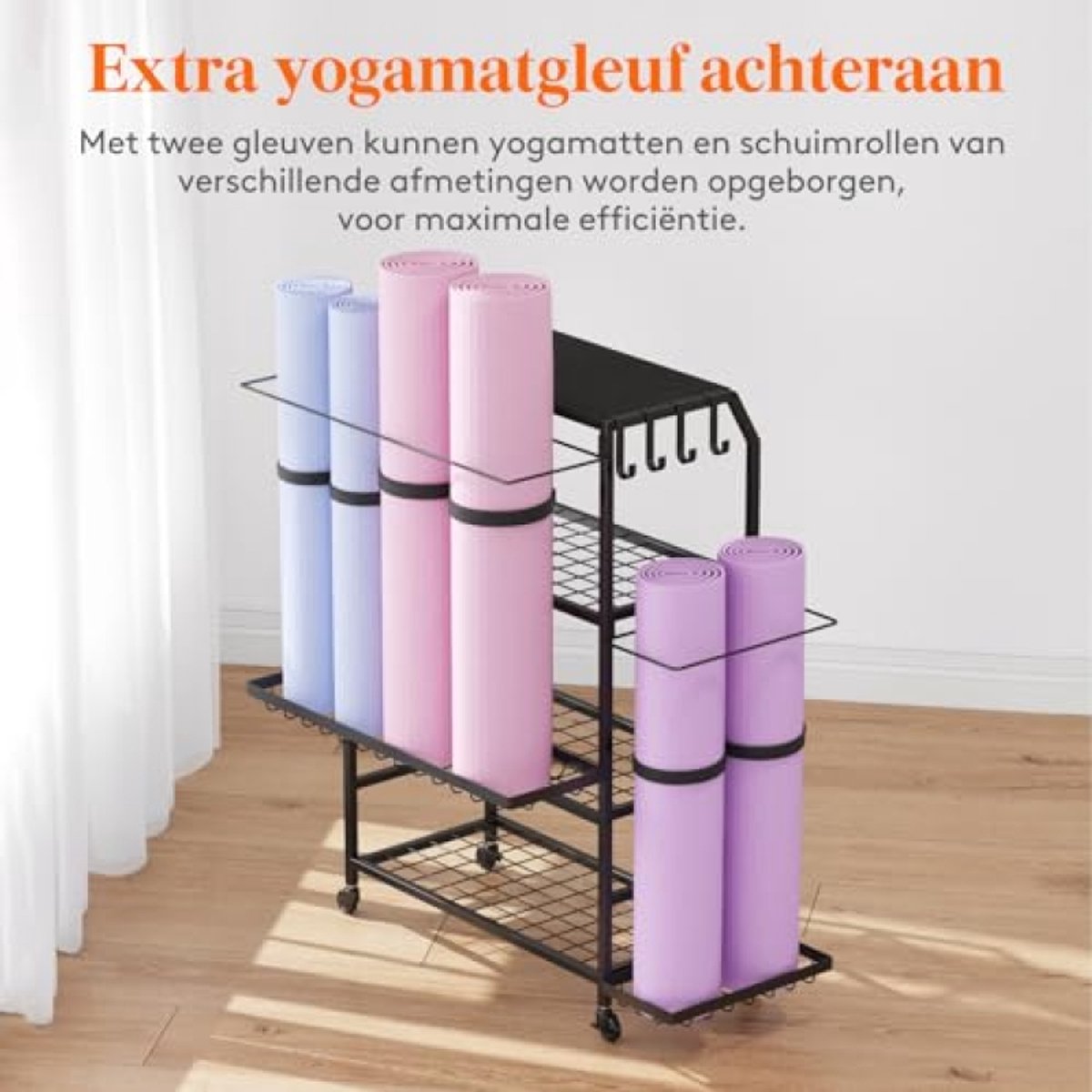 Yogamat Opbergrek - 4-laags Fitness Accessoires Organizer voor Halter, Kettlebell, Yogablok, Schuimrol - Verrijdbaar met Zwakwielen en Haken - Zwart – foto 7