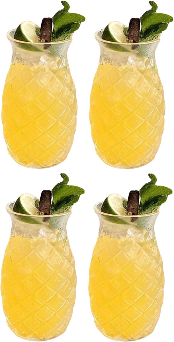 Cookinglife Cocktailglazen / Tiki Ananas Glazen + Herbruikbare Rietjes Zomers Fruit - 4 Stuks