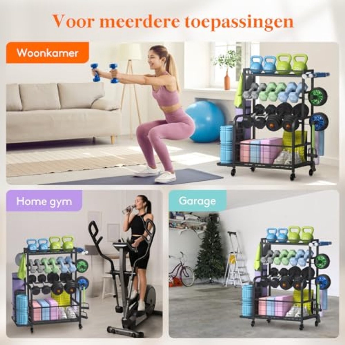 Medium Fitness Opbergrek met Wielen - Verstelbaar Gewichtenrek voor Dumbbells, Kettlebells, Yogamatten en Accessoires - Tot 272 kg Draagvermogen - Voor Thuisgym, Garage of Fitnessruimte – foto 4