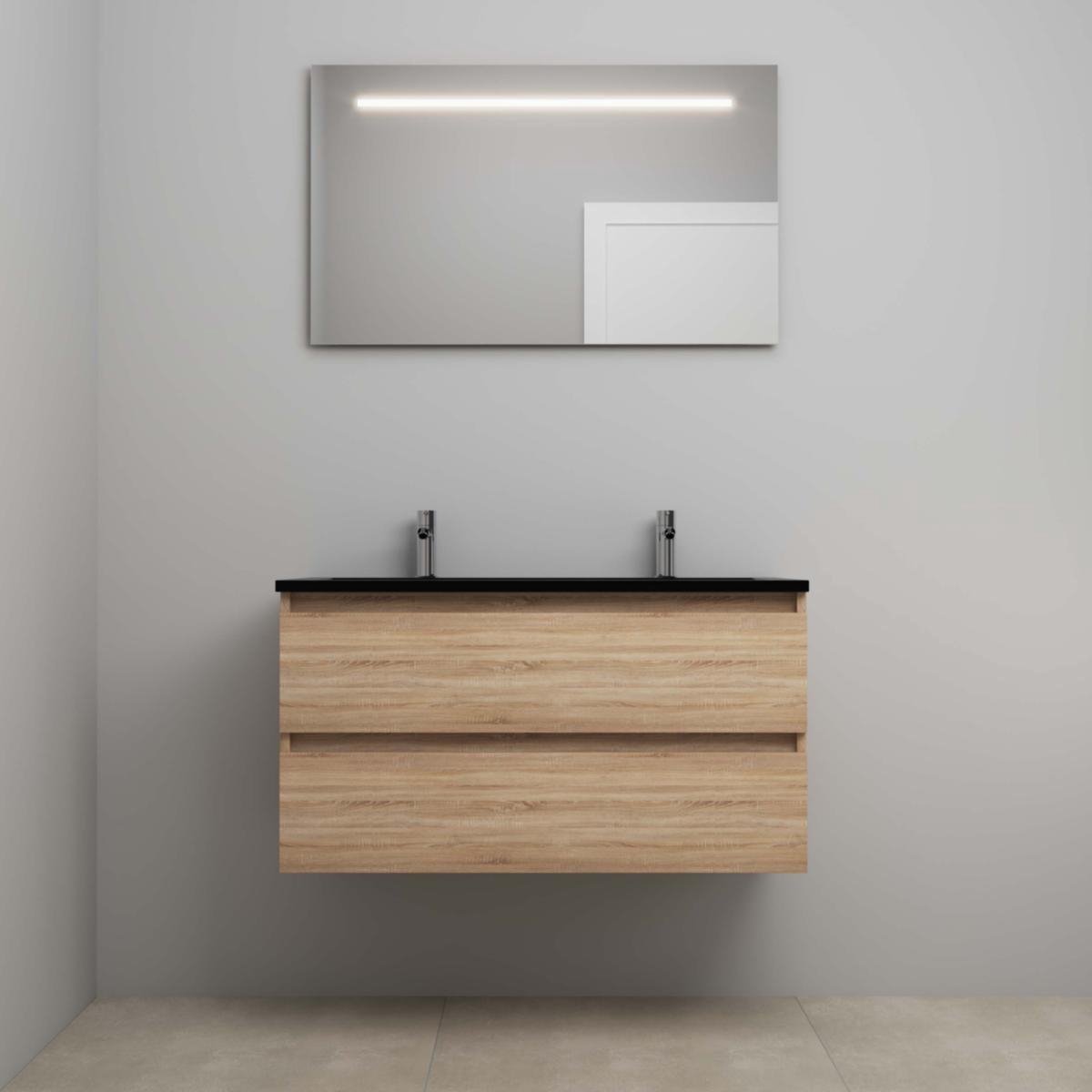 On-Line Badkamermeubelset - 100 cm - Voorgemonteerd - Ladestructuur - Acryl Wastafel - 2 Kraangaten - Spiegel met LED-Verlichting - Eiken