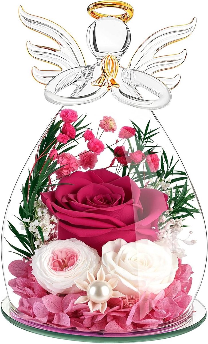 Geconserveerde Bloem - Eeuwige Roos - Cadeau Geven - In Glazen Engel - 3 Rozen - Goud