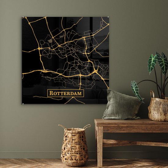Peinture sur Verre - Carte - Rotterdam - Zwart - Or - 90x90 cm - Peintures sur Verre Peintures - Photo sur Glas