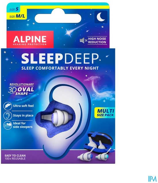 Alpine SleepDeep verpakking met afbeelding van een oor en paarse oordopjes. Toont maten S en M/L.