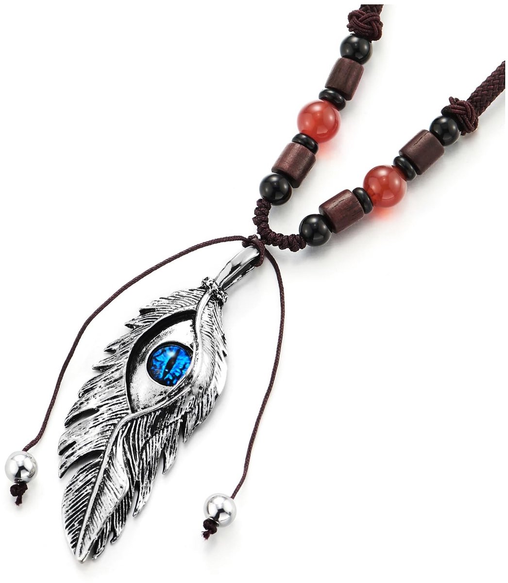 aladdien - Boho Chic halsketting - Veerhanger met blauwe stenen ogen - Uniek design - Katoenen touw - Voor mannen en vrouwen - Perfect voor elke gel..