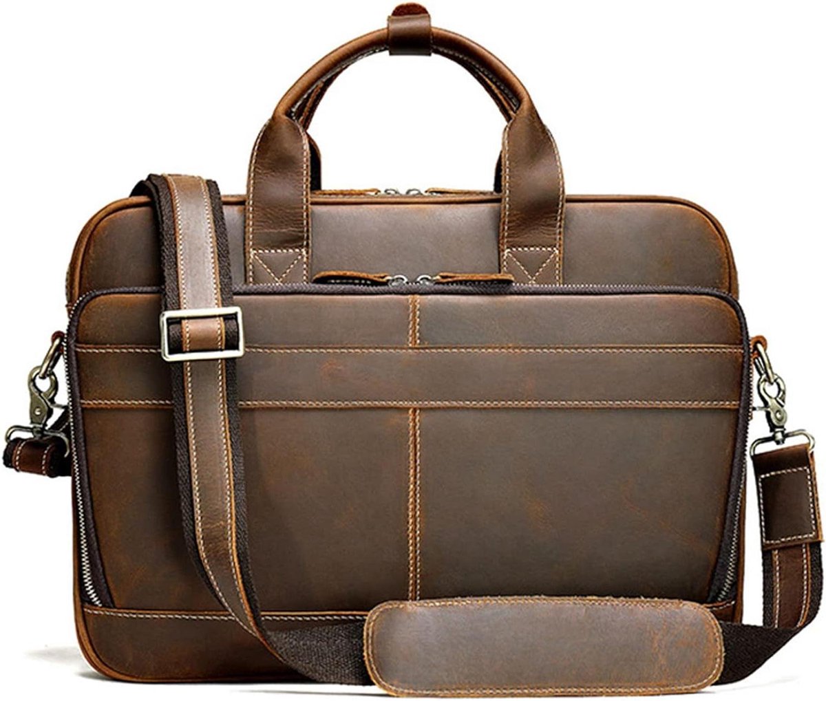 Laptoptas Heren - Schoudertas Aktetas - Zakelijk Vervoer - Echt Leer - 40x6x29cm - Bruin