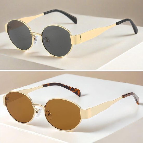Dailygoods- Zonnebrillen 2 Stuks - Retro Ovale Brillen - Anti-UV Brillen - Lichtgewicht Reisbril - Gouden Frame met Grijze/Theevlokken - Comfortabel en Uniek - Zonnebril van Dailygoods — afbeelding 5