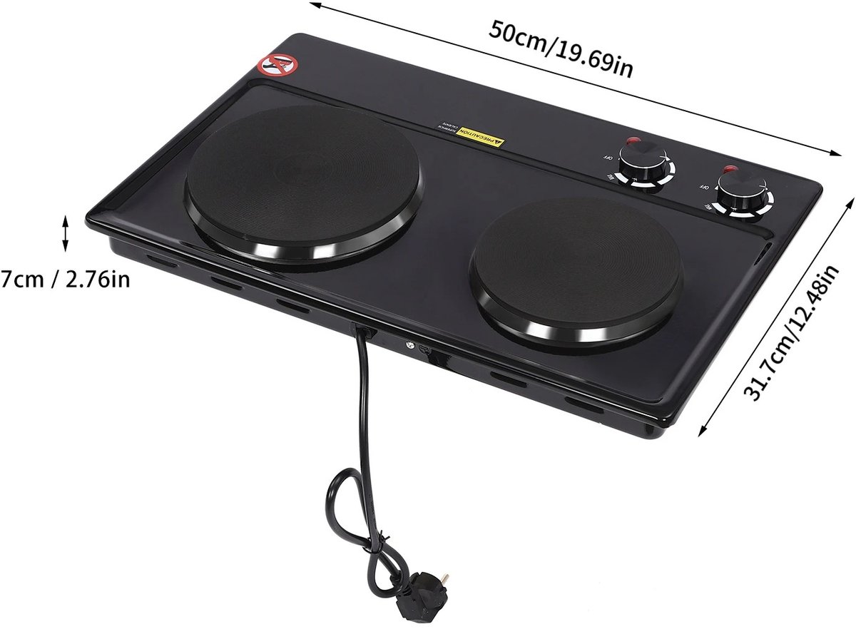 ELYSIVM Kookplaat - Elektrische Kookplaat - Dubbele Kookplaat - Draagbare Tafelmodel Kookplaat - Camping Kookplaat - 2500W - 6 Warmtestanden - 100 tot 250 °C - Zwart