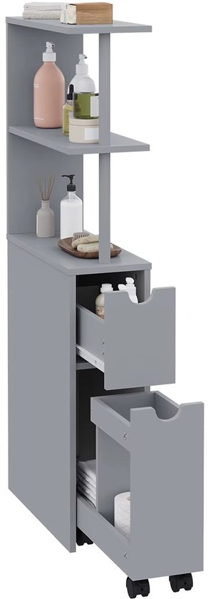 Grijze smalle opbergkast met twee lades, deels uitgeschoven, en twee open vakken.