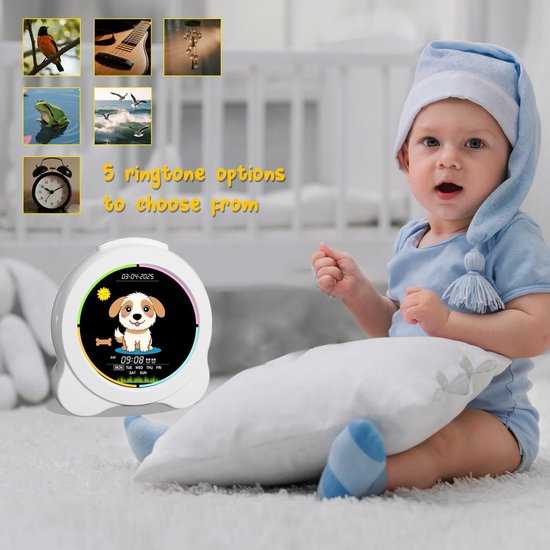 Kinderwekker - Slaaptrainer Klok - Tijd Leren - Zon Maan Hond - LED Display - Wit — afbeelding 2