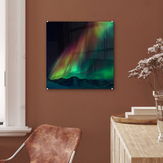 ® Glasschilderij 50x50 cm - Schilderij acrylglas - Regenboog - Aurora - Sterrenhemel - Foto op glas - Muurdecoratie woonkamer - Wanddecoratie slaapkamer - Schilderijen