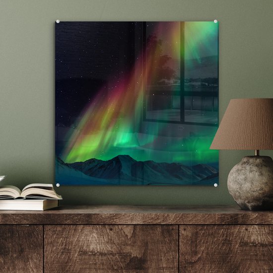 ® Glasschilderij 50x50 cm - Schilderij acrylglas - Regenboog - Aurora - Sterrenhemel - Foto op glas - Muurdecoratie woonkamer - Wanddecoratie slaapkamer - Schilderijen