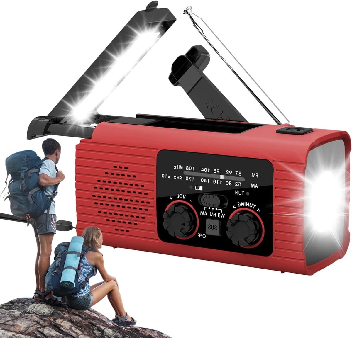 Noodradio - Handradio - Buitenactiviteiten - Drie oplaadopties - Compact formaat - Rood