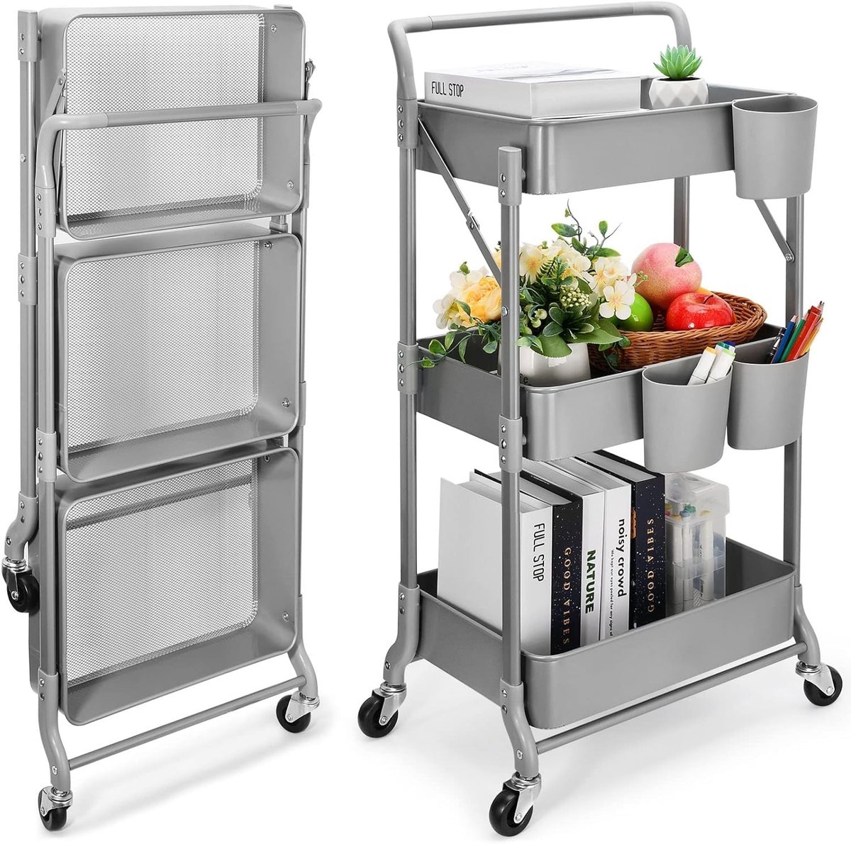 aladdien - 3-laags keukentrolley - Serveertrolley - Opvouwbaar en multifunctioneel - Grijs - Organizer voor keuken en badkamer - Geschikt voor elk i...