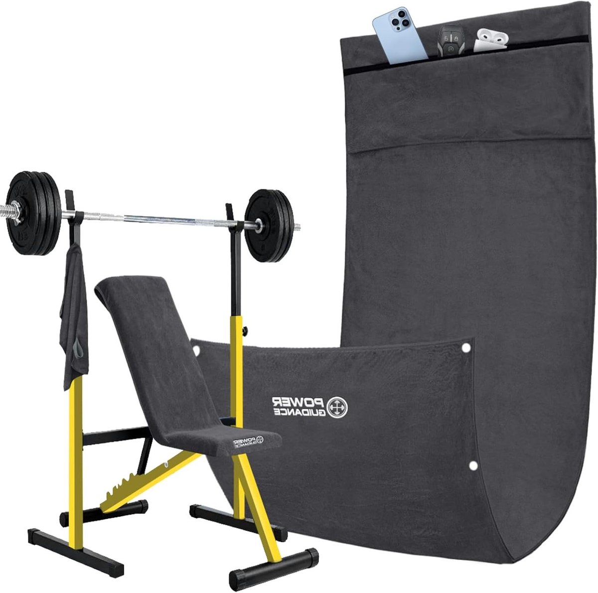 Fitness Handdoekenset - Sporthanddoeken Microvezel - Hygiënisch Trainen - Met Magneet & Ritsvak - 130x50 & 50x30cm - Grijs