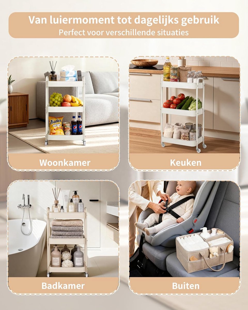 Opbergwagen Babykamer - Nachtkastje Organizer - Baby Spullen Opslag - Verrijdbaar en Verwijderbaar - 3 Lagen - Bruin – foto 7