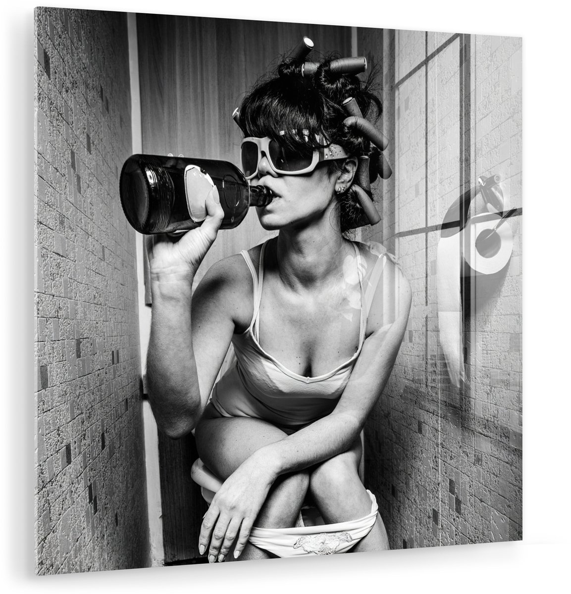 ® Glasschilderij 20x20 cm - Schilderij acrylglas - Vrouw - Toilet - Zwart - Wit - Foto op