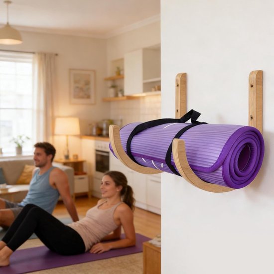 Yogamat opbergrek - Fitness houder - Sportruimte organiseren - Massief houten constructie - 5 x 14 x 5 cm - Houtkleur van Yogamat — afbeelding 4