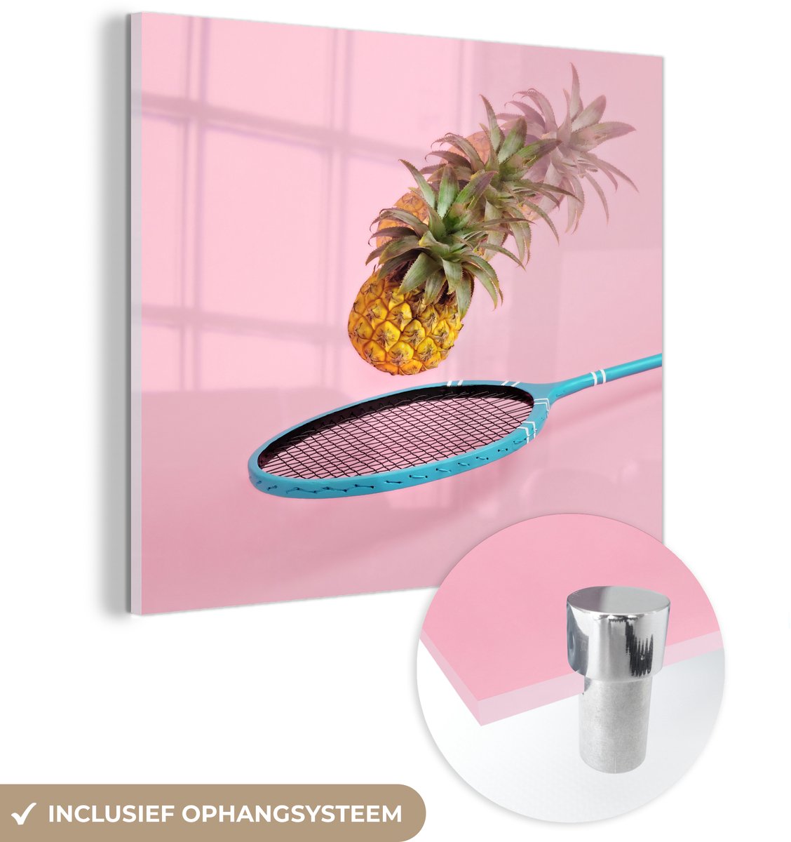 ® Glasschilderij 20x20 cm - Schilderij acrylglas - Ananas - Badminton - Roze - Foto op glas - Muurdecoratie woonkamer - Wanddecoratie slaapkamer - Schilderijen