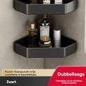 Zwarte hoekdouchebak met diverse badkamerproducten, strak en modern design.