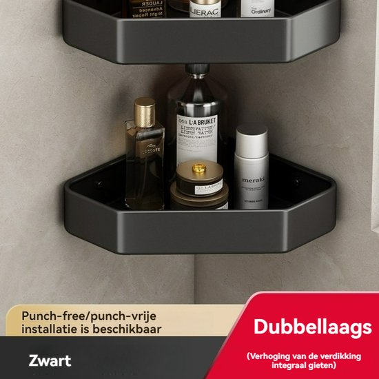 Zwarte hoekdouchebak met diverse badkamerproducten, strak en modern design.
