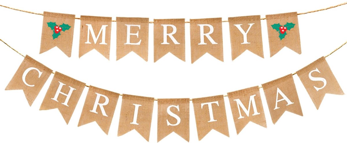 aladdien - Linnen Merry Christmas slinger - Kerstdecoratie slinger letters - Duurzaam en herbruikbaar - 18L x 13B cm - Vlaggetjesslinger met hulst -..