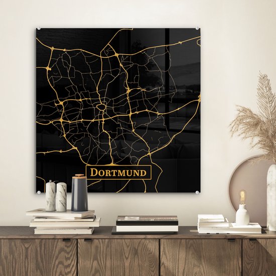 MuchoWow® Peinture sur verre 50x50 cm - Peinture acrylique sur verre - Carte - Dortmund - Or - Zwart - Photo sur verre - Peintures