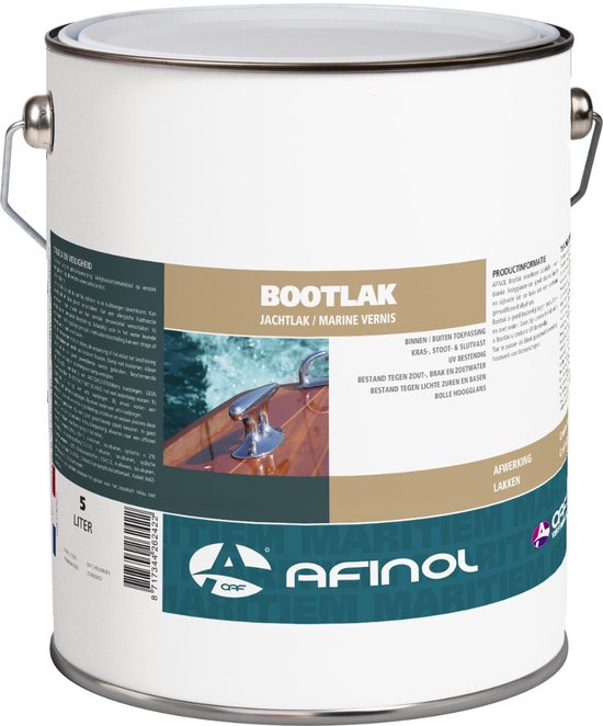 Blik met 5 liter Afinol Jachtlak/Bootlak. Tekst "Bootlak Jachtlak/Marine Vernis", "Bolle hooglans".