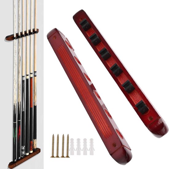 Poolstokken Rek - Keu Houder - Speelkamer Organiseren - Ruimtebesparend Wandmodel - 6 Keuen - Rood — afbeelding 2