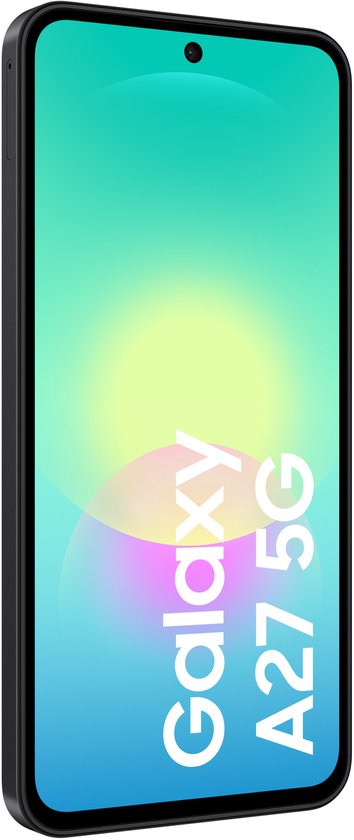 Vooraanzicht van de zwarte Samsung Galaxy A27 5G smartphone.