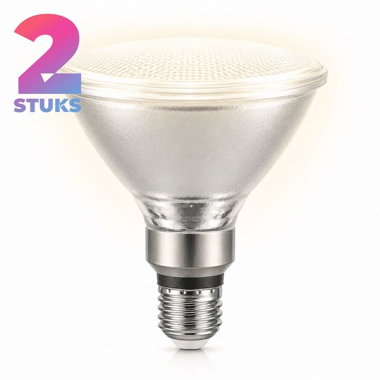 Een enkele zilverkleurige reflector halogeenlamp met E27 fitting, met "2 STUKS" erop.