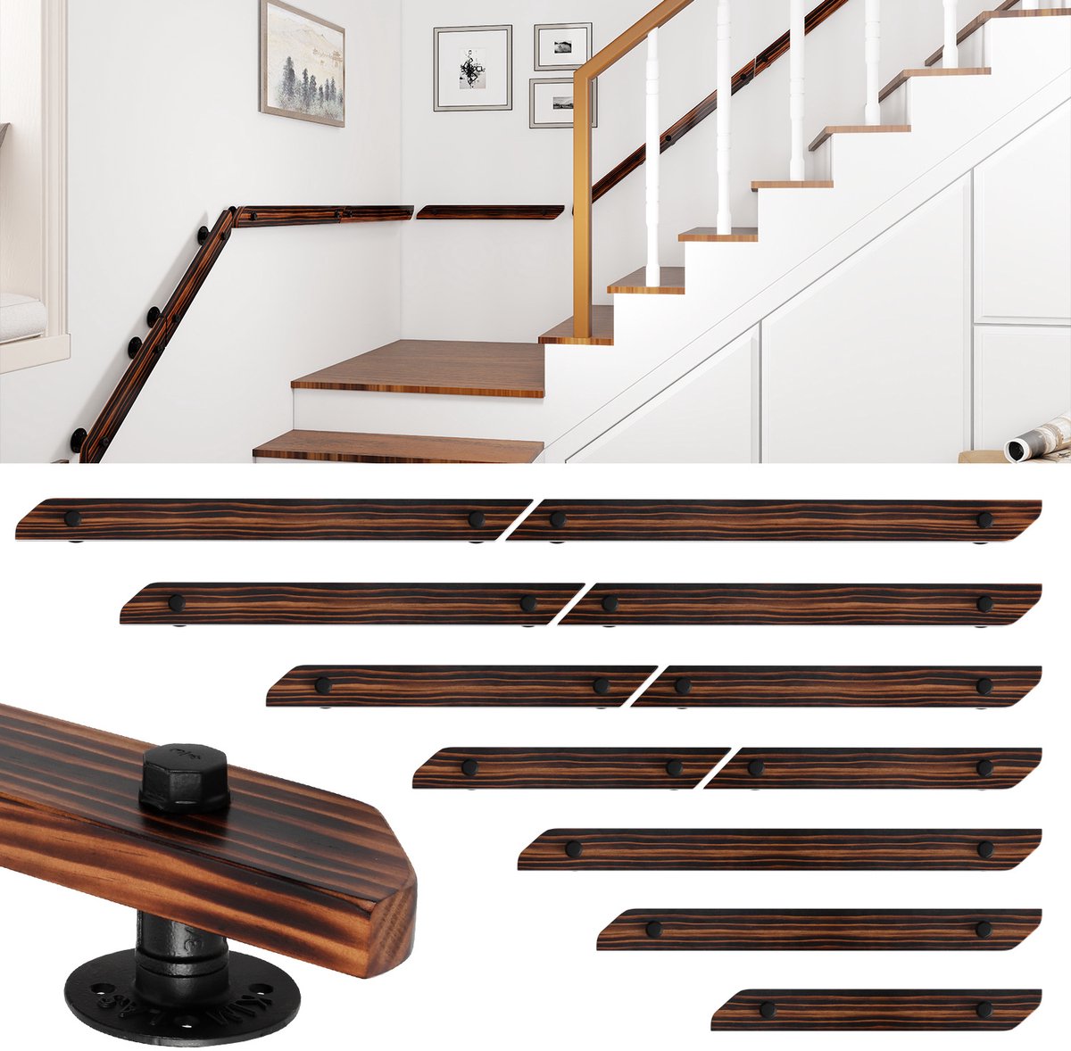 Koppelbare houten trapleuning 120 cm - Vlak model - Massief grenenhout - Bruin houtnerf - 2-delig - Incl. montageaccessoires