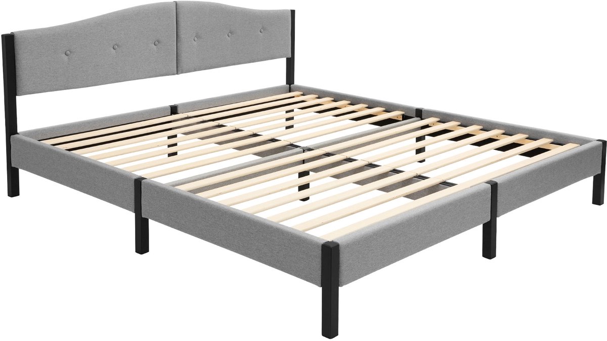 ml-design Gestoffeerd bed 180 x 200 cm tweepersoonsbed, stabiel bedframe serie, linnen bedombouw met gecapitonneerd hoofdbord en lattenbodem, modern linnenbed met stevig stalen frame en houten poten, comfortabel grijs tweepersoonsbed voor slaapkamer