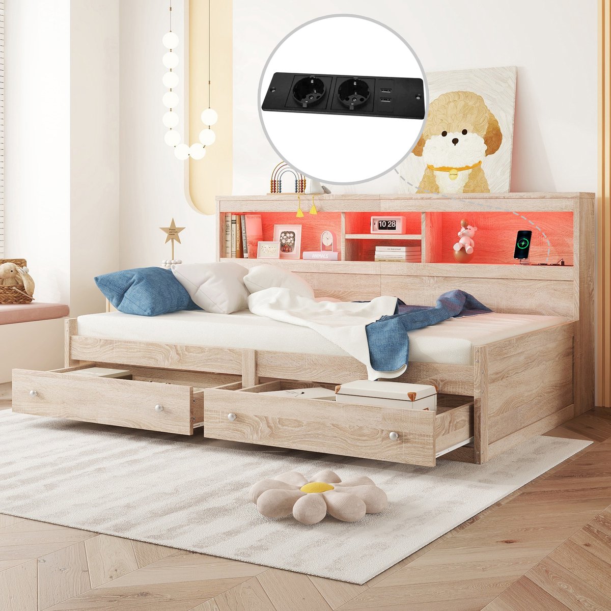 DESMIU Dagbed 90 x 200 cm Zonder Matras Multifunctioneel Met Opberglades En Sfeerverlichting Voor Slaapkamer Modern Houtdecor Naturel