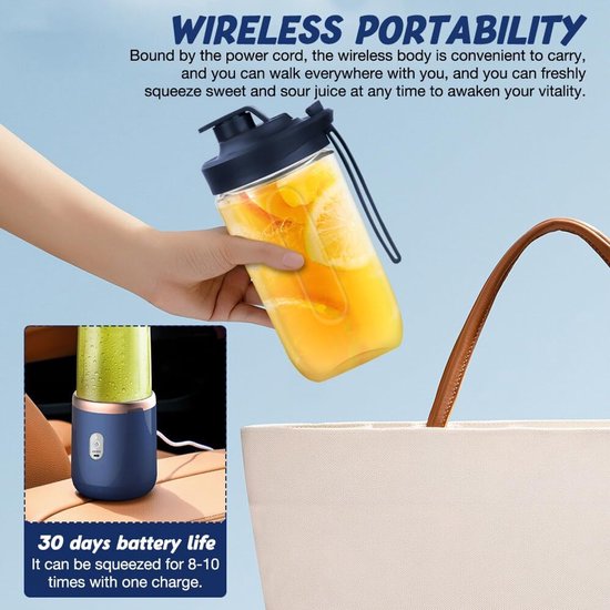 Draagbare Blender - Smoothie Maker - Sap Maken - 6 Roestvrijstalen Messen - 400 ml - Blauw — afbeelding 3