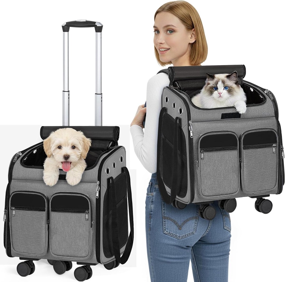 2-in-1 Kattenrugzak met Trolley tot 20 kg, Grote Draagtas voor Katten met Wielen, Ademend en Multifunctioneel, Grijs